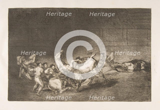 Plate 32 from the 'Tauromaquia':Two teams of picadors thrown one after the other by a sing..., 1816. Creator: Francisco Goya.