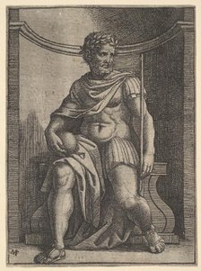 A Roman emperor sitting in a niche holding a globe and sceptre and looking to his..., ca. 1500-1534. Creator: Marcantonio Raimondi.