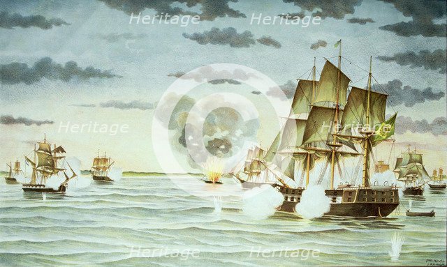 Battle of Quilmes during the Cisplatina war between Uruguay and Brazil, engraving.