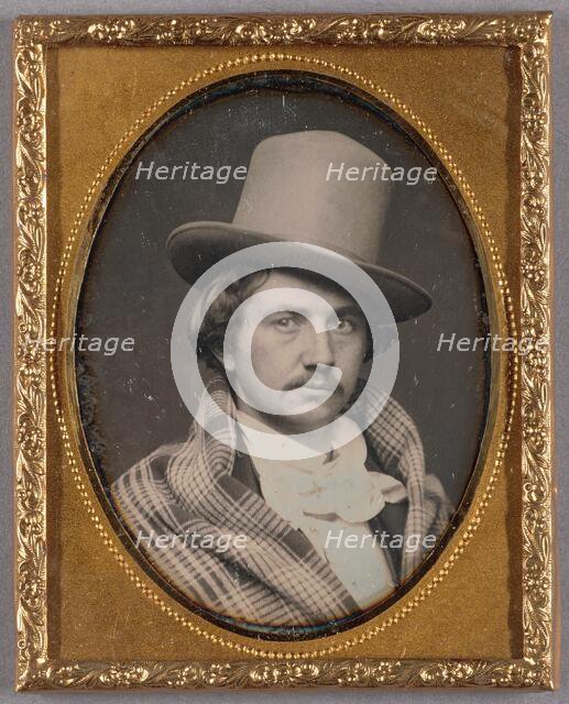 Portrait of a Moustachioed man wearing a large, tall hat, 1850s. Creator: Unknown.