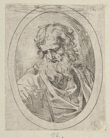An apostle with a long beard looking down at an open book, in an oval frame, 1600-1640. Creator: Anon.