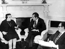 Golda Meir, Richard Nixon and Henry Kissinger at the White House, Washington, 1973. Artist: Unknown