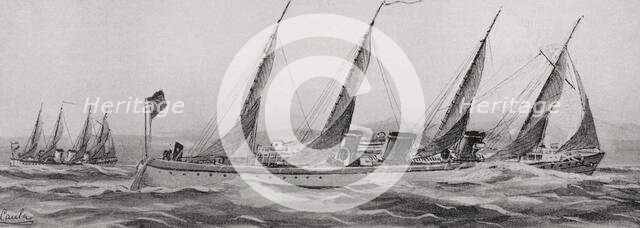 Spanish-American War: Spanish torpedo boats on their way to the island of Cuba, 1898. Creator: Antonio de Caula.