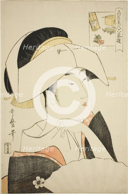 Tomimoto Toyohina, from the series Renowned Beauties Likened to the Six Immortal Poe..., c. 1795/96. Creator: Kitagawa Utamaro.