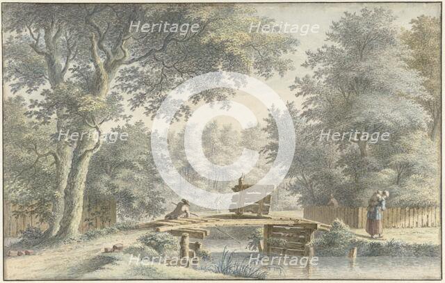 Landscape with an angler on a bridge, 1763. Creator: Gerard van Rossum.