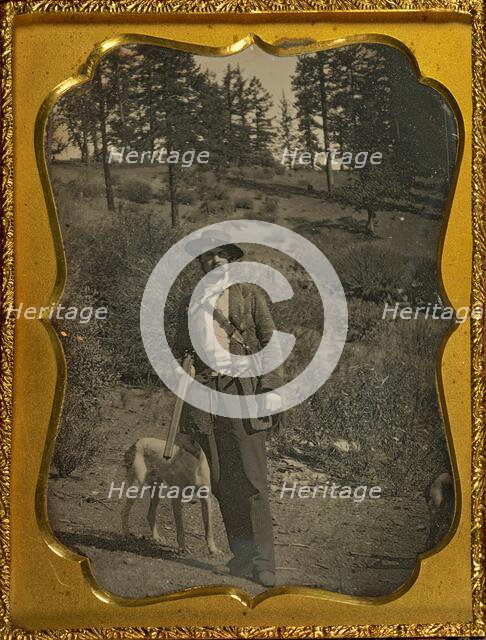 Outdoor scene with hunter and dog, about 1850. Creator: Unknown.