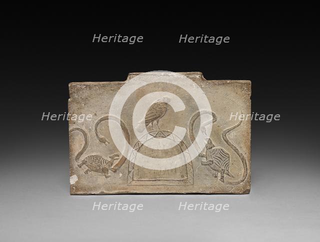 Panel from Model Cooking Stove: Raven Flanked by Snake-Entwined Tortoises, 1st Century BC. Creator: Unknown.