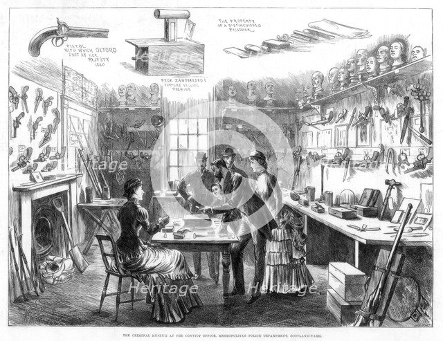 The Criminal Museum at the Convict Office, Metropolitan Police Department, London, 1883.Artist: Swain