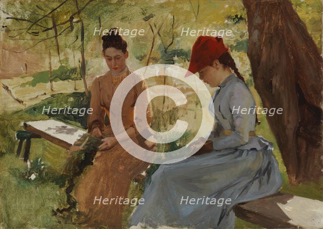 Girls Binding Garlands (The Artist's Sisters Annie and Berta Binding Garlands), study, c1886. Creator: Albert Edelfelt.