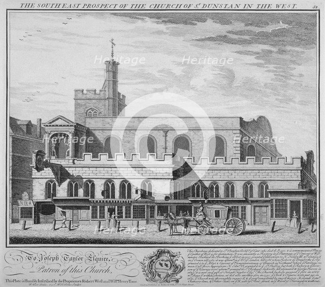 South-east view of the Church of St Dunstan in the West, Fleet Street, City of London, 1737. Artist: William Henry Toms