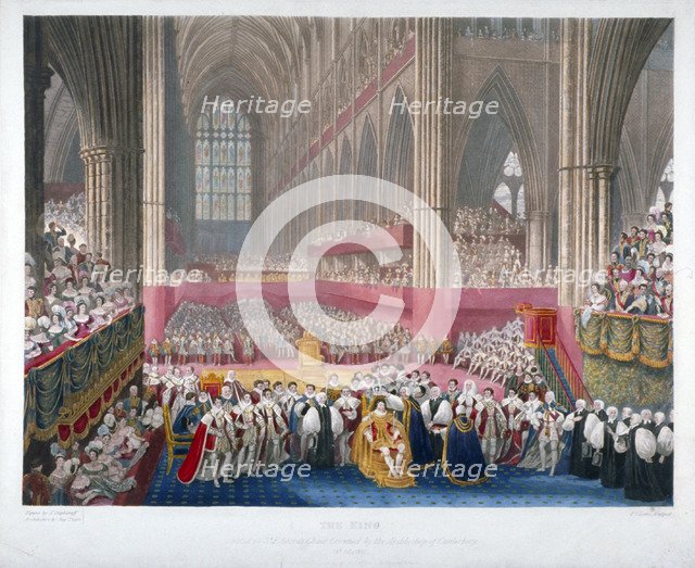 The coronation of King George IV in Westminster Abbey, London, 19th July, 1821. Artist: Frederick Christian Lewis
