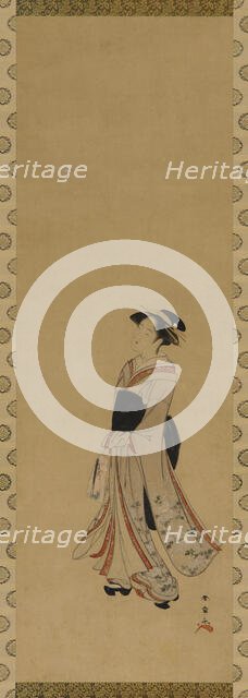 A girl playing battledore and shuttlecock, Edo period, 18th century. Creator: Shunsho.