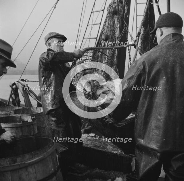 New England fishermen unloading fish at Fulton fish market, New York, 1943. Creator: Gordon Parks.