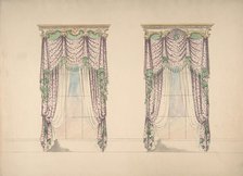 Design for Pink and White Curtains with Green Fringes, and Gold and White Pediments, c1820. Creator: Anon.