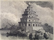 The Lighthouse of Alexandria in the port of the city, German engraving from 1886, is one of the s…