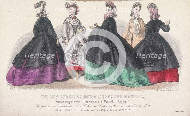 Five women wearing spring and summer coats and mantles, 1864. Artist: Anon