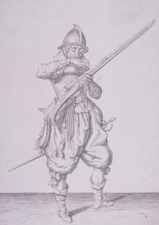 Figure in military clothing holding a musket and wearing a sword, 1607. Artist: Anon