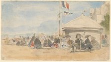 Beach House with Flags at Trouville, c. 1865. Creator: Eugene Louis Boudin.