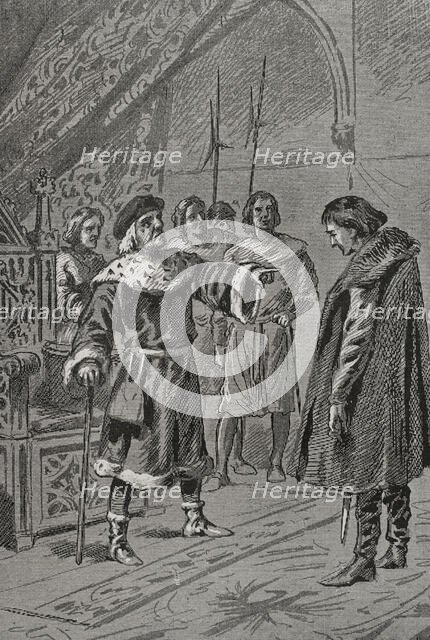 Prince Charles of Viana before his father, King John II of Aragon, in Lérida (Lleida), 1460 (1890).  Creator: Unknown.