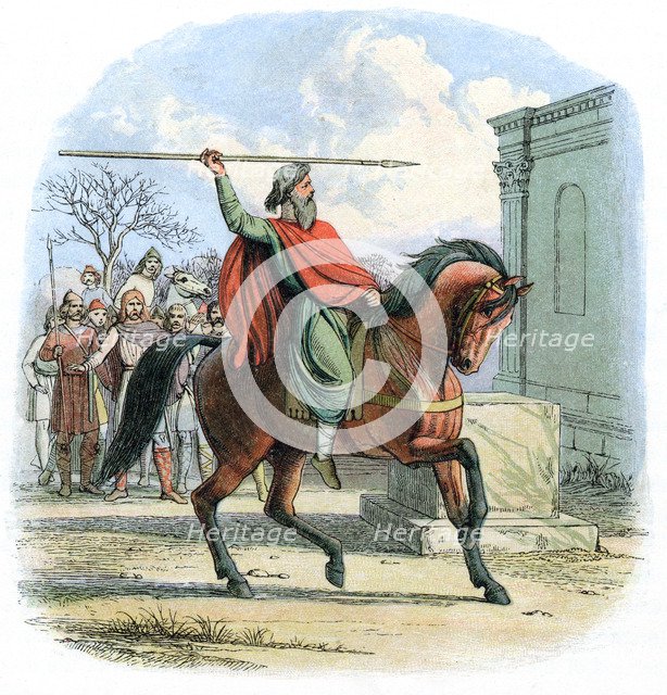 High priest Coifi profaning the temple of the idols, England, 7th century (1864). Artist: Unknown