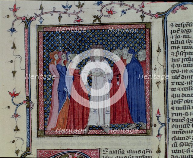 Clergyman marrying a couple, Miniature 'Libri III-IV. Distinctionum', codex, 1348, by Henricus vo…