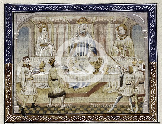 Caesar Augustus, his wife and son at table (From: Jean Hayton, Fleur des histoires de la terre d'Orient), c.1410. Artist: Master of Berry Apocalypse (active 1400-1415)