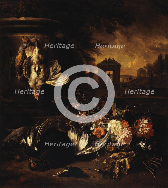 Flowers and dead game in front of a landscape, between 1662 and 1719. Creator: Jan Weenix.