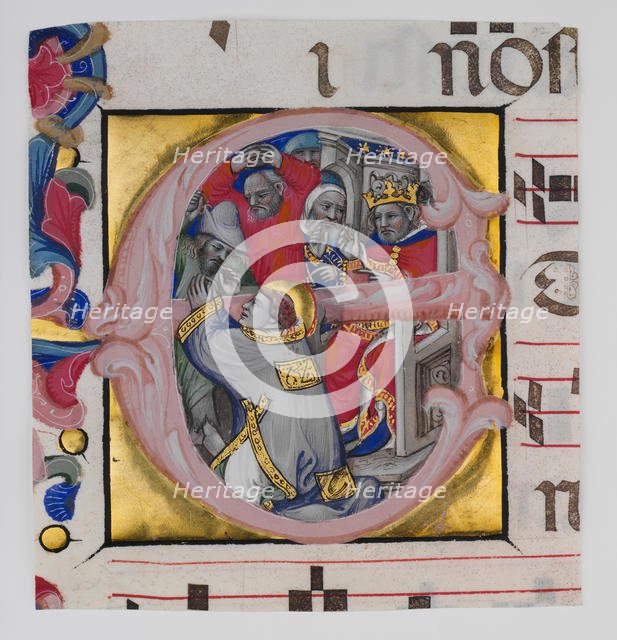 Manuscript Illumination with the Martyrdom of Saint Stephen in an Initial E..., ca. 1394-1402. Creator: Niccolo di Giacomo da Bologna.