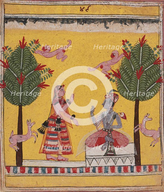 Radha's Confidante Meets with Krishna (Arudhayauvana Madhya)..., c1635. Creator: Unknown.