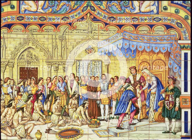 Colon received by the Catholic Kings after their first trip to Barcelona' tile panel located in t…