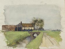 Study of farmbuildings with a bridge over a stream, probably mid-1880s. Creator: George Clausen.