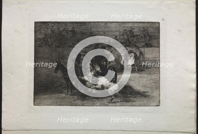 Bullfights: Fight in a Carriage Harnessed to Two Mules, 1876. Creator: Francisco de Goya (Spanish, 1746-1828).