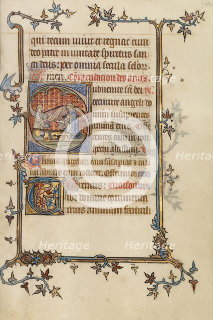 Initial S: The Preparation of a Knight for Burial; Bute Psalter, text and illumination about 1330. Creator: Atelier of the Passion Master.