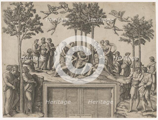 Apollo sitting on Parnassus surrounded by the muses and famous poets, ca. 1517-20.. Creator: Marcantonio Raimondi.