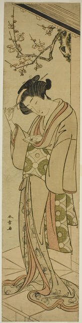 Woman on a Veranda About to Open a Love-letter, Japan, mid-late 1770s. Creator: Shunsho.