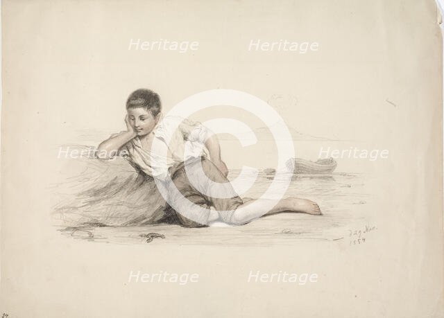 An Italian boy lying against a stone by the bay, 1850-1855. Creator: Karl Anders Ekman.