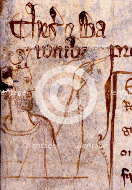A stubbled King Edward I points to some lettering on a page from a memoranda roll, c1301.  Creator: Unknown.