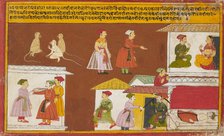 Servant protecting the house where a king lies dead, from a Pancha Tantra manuscript, mid-18th centu Artist: Unknown.