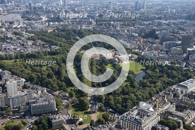 Looking east from Wellington Arch along Constitution Hill to the London Eye and Thames, London, 2021 Creator: Damian Grady.
