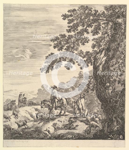 Two horsemen pass a flock, riding towards the left, a peasant woman and a young boy to..., ca. 1656. Creator: Stefano della Bella.