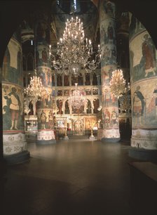 Interior with the iconostasis in the Assumption of the Blessed Virgin Cathedral in the Moscow Kremlin, 14th-15th cen.. Artist: Old Russian Architecture  