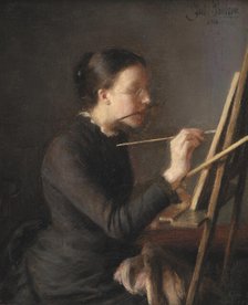 The Painter Agnes Paulsen, the Artist's Sister, at her Easel, 1886. Creator: Julius Paulsen.