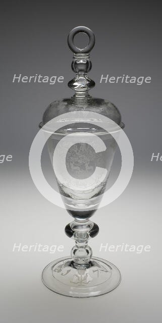 Covered Diamond-Engraved Armorial Marriage Goblet, England, c. 1700-1709. Creator: Unknown.