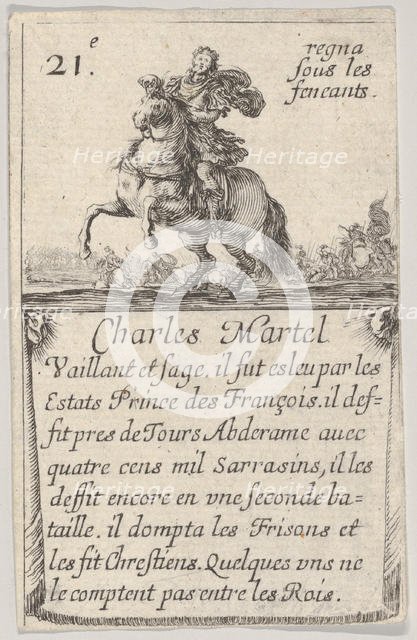 Charles Martel / Vaillant et sage..., from 'Game of the Kings of France' (Jeu des Rois de ..., 1644. Creator: Stefano della Bella.