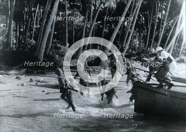 Japanese troops land on an island in the Pacific, World War II, c1941-c1942. Artist: Unknown