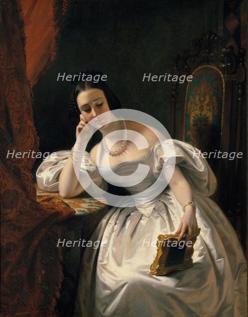 Young girl with a portrait, c. 1840. Creator: Dubufe, Édouard Louis (1819-1883).