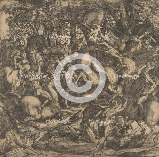 Group of naked men engaged in battle in a wooded landscape, some on horseback; a dog at lo..., 1517. Creator: Domenico Campagnola.