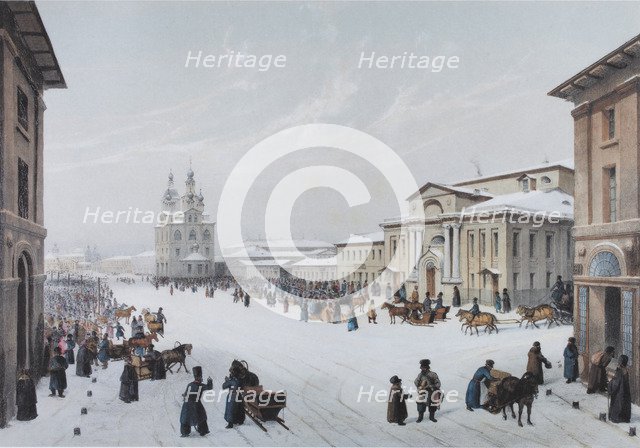Okhotny Ryad Street (Hunting Row) and the Assembly of the Nobility House in Moscow, 1840s.