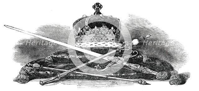 Regalia of Scotland: Crown Sceptre, Sword, and Lord Treasurer's Rod, 1850. Creator: Unknown.