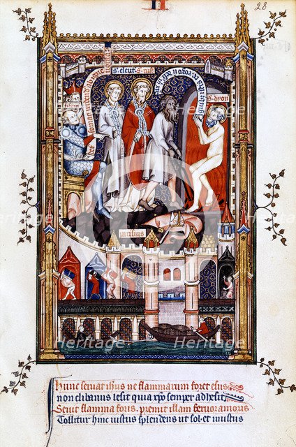 St Denis is thrown into the furnace, 1317. Artist: Unknown